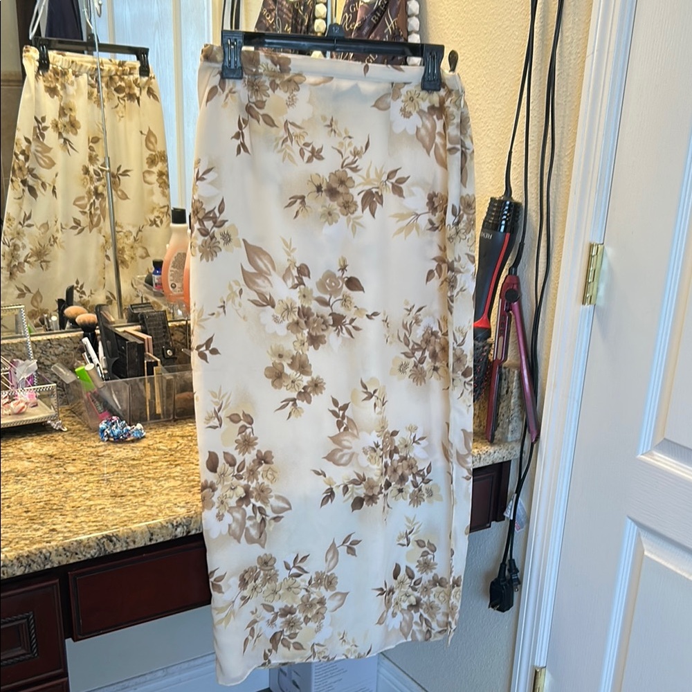 Laura Scott Cream and Brown Midi Pencil Skirt
